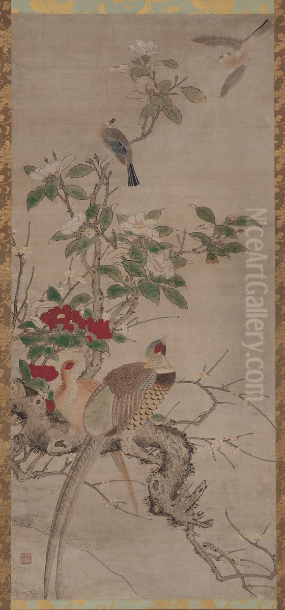 Seasonal Birds and Flowers Oil Painting by Kano Sanraku