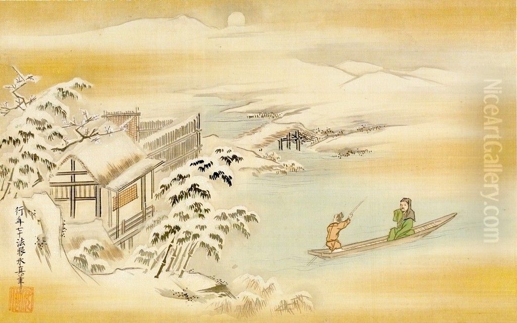 Wang Ziyou in Boat on a Snowy Night Oil Painting by Kano Yasunobu