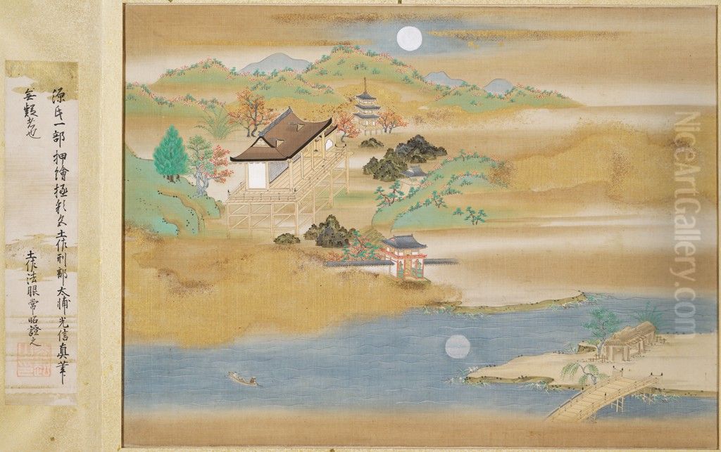 Landscape around Ishiyamadera and Lake Biwa (Finispiece to an album containing 54 illustrations and calligraphic excerpts from the Tale of Genji) Oil Painting by Mitsuoki, Tosa