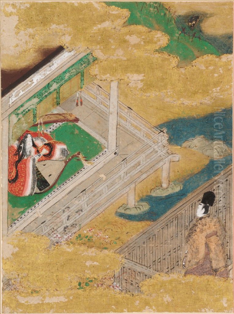 The Maiden of the Bridge (Hashihime), Illustration to Chapter 45 of the Tale of Genji (Genji monogatari) Oil Painting by Tosa Mitsunobu