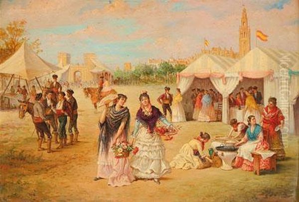 Feria De Sevilla Oil Painting by Manuel Cabral Cabral y Aguado Bejarano