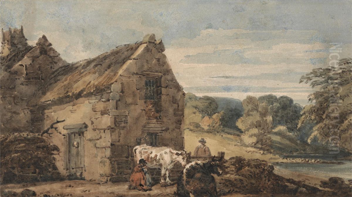 Cottage near Newcastle, Northumberland Oil Painting by Thomas Girtin