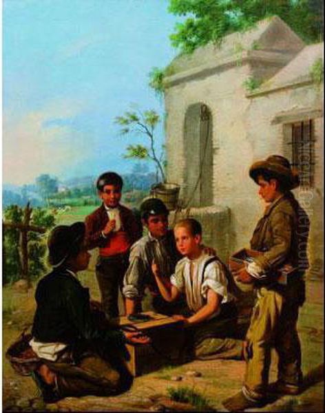 Los Golfillos Y El Mozo Cerillero Oil Painting by Manuel Cabral Cabral y Aguado Bejarano
