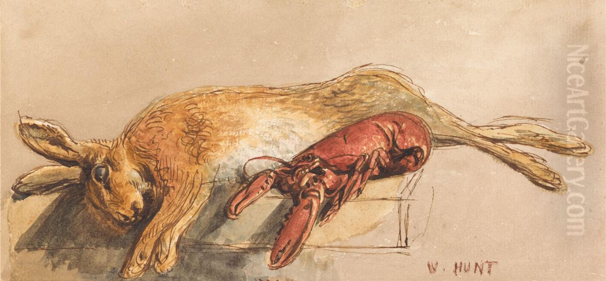 A Dead Hare and a Cooked Lobster on a Bench Oil Painting by William Henry Hunt