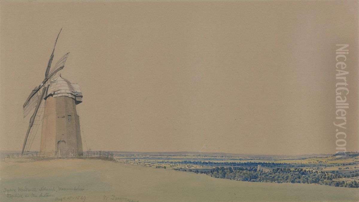 Tysoe Windmill and Church, Warwickshire Oil Painting by William Turner