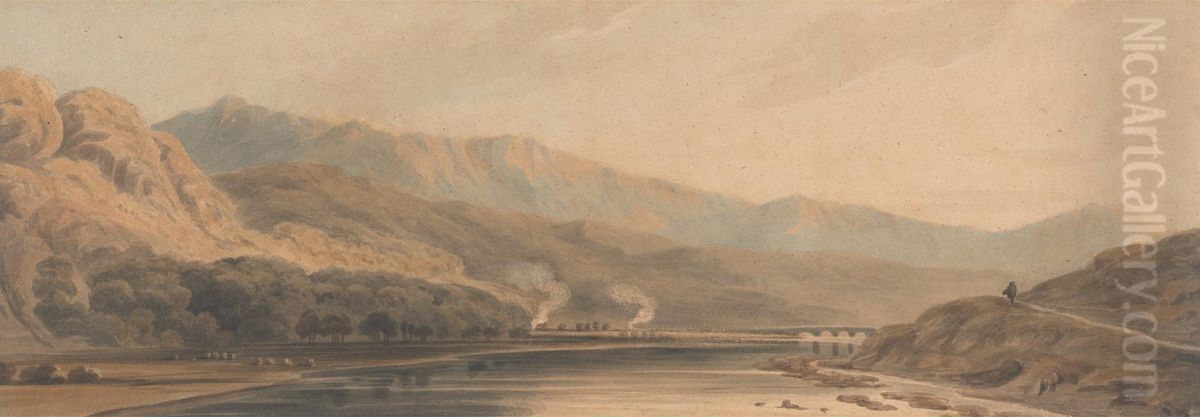 Mountainous Landscape, with River Flowing to Bridge in Distance, a Figure Right Oil Painting by John Varley