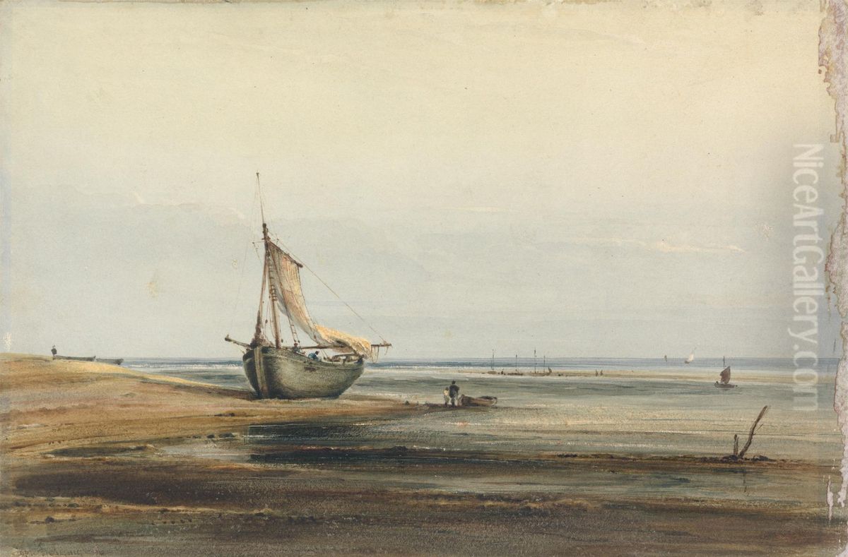 Coast Scene with a Beached Boat Oil Painting by Copley Fielding