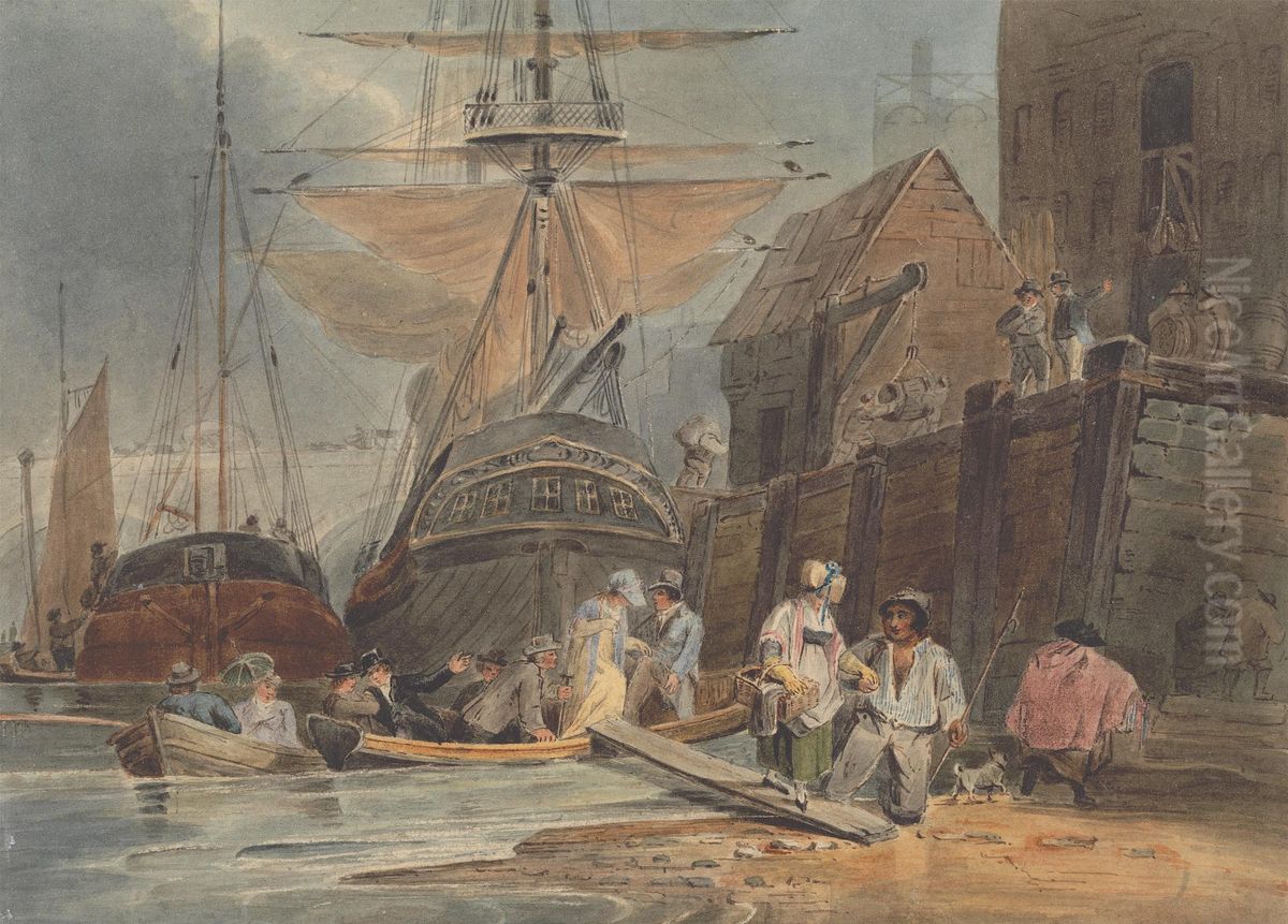 Ships at Wharf with Passengers Disembarking Oil Painting by Luke Clennell
