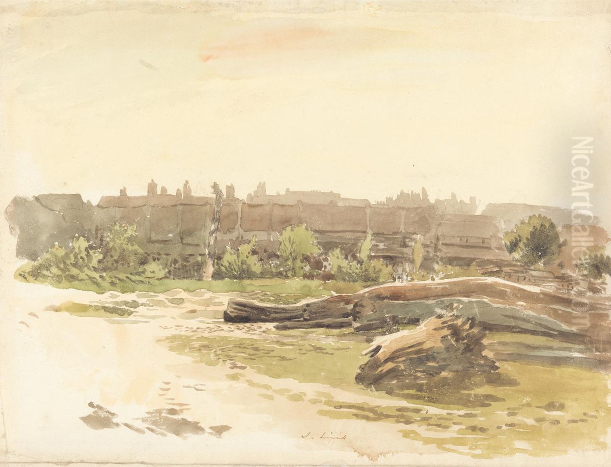 Terraced Cottages with Fallen Trees Oil Painting by John Linnell