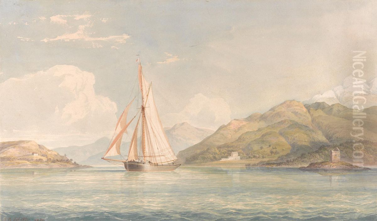 Boat Sailing to the Left with Mountains in the Background Oil Painting by John Christian Schetky