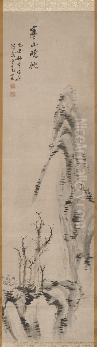 Viewing Cold Mountains at Dusk (Kanzan bancho) Oil Painting by Takaku Aigai