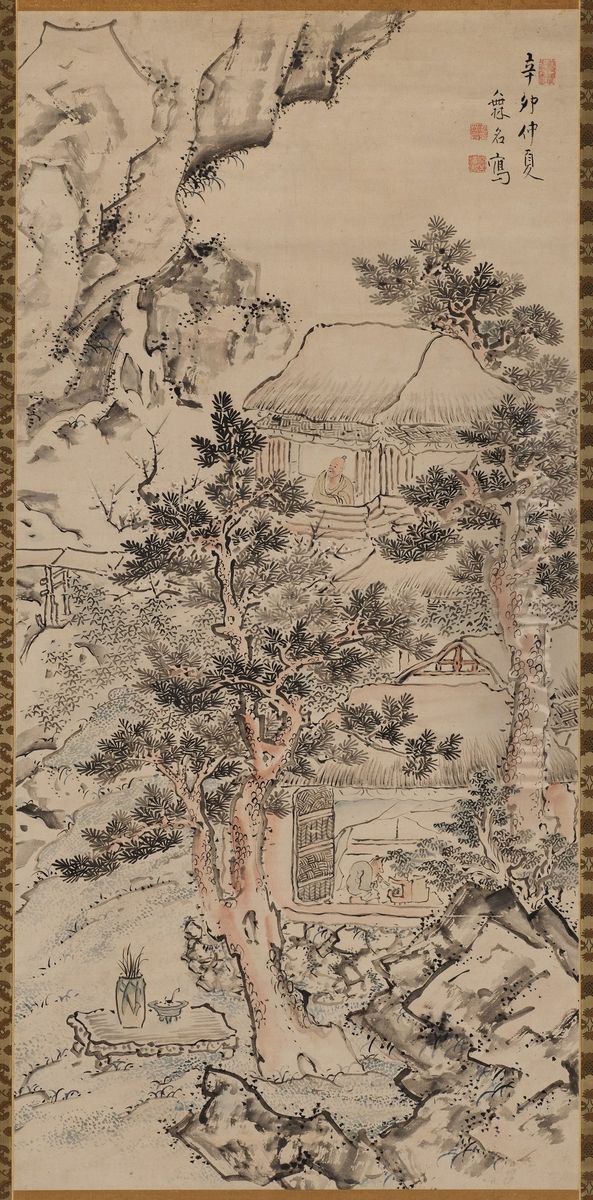 Mountain Hut and Scholar Viewing Plum Blossoms Oil Painting by Ike no Taiga