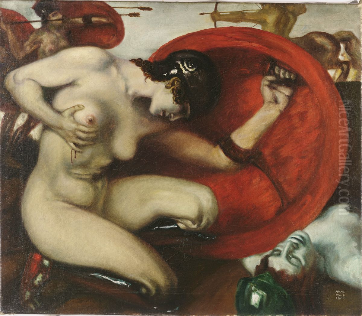 Wounded Amazon Oil Painting by Franz Stuck
