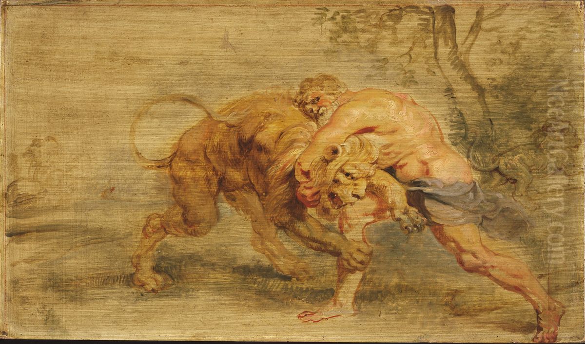 Hercules Strangling the Nemean Lion Oil Painting by (studio of) Rubens, Peter Paul