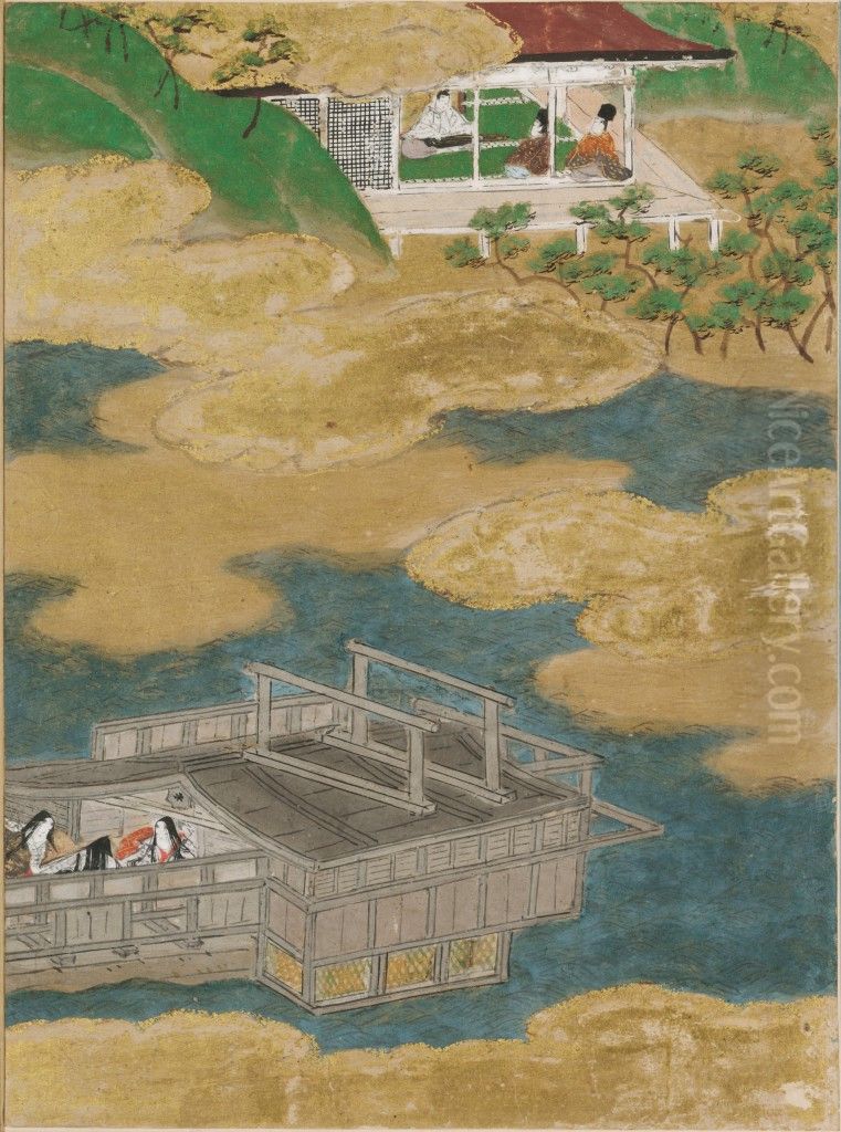 Suma, Illustration to Chapter 12 of the Tale of Genji (Genji monogatari) Oil Painting by Tosa Mitsunobu