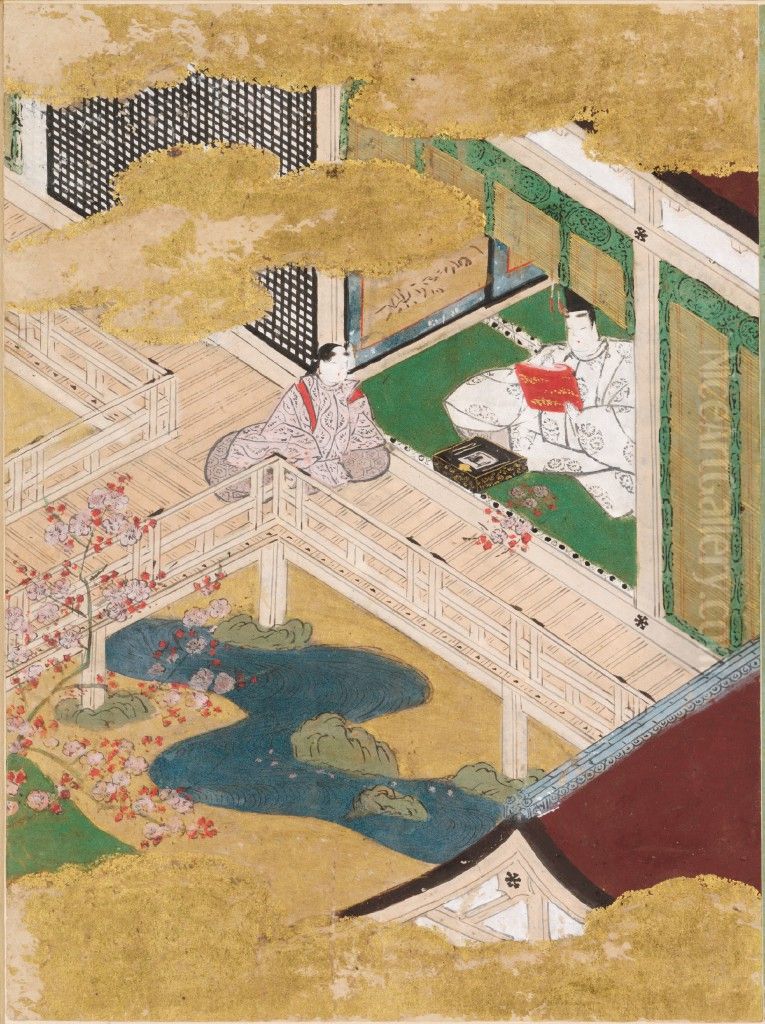 Red Plum Blossoms (Kobai), Illustration to Chapter 43 of the Tale of Genji (Genji monogatari) Oil Painting by Tosa Mitsunobu