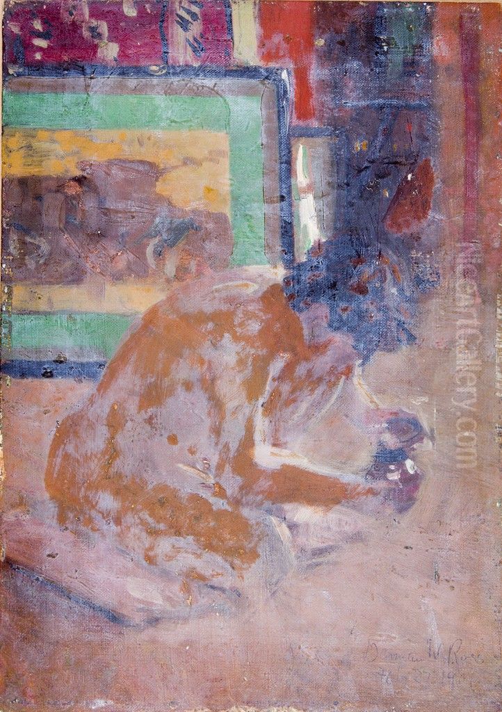 Portrait of a Crouched Young Man Oil Painting by Denman Ross