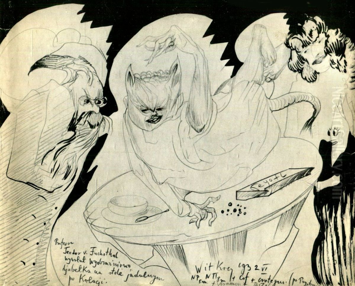 Profesor Teodor v. Fucksthal wywolal wyobrazniowo diabelka na stole jadalnym po kolacji Oil Painting by Stanislaw Ignacy Witkiewicz (Witkacy)