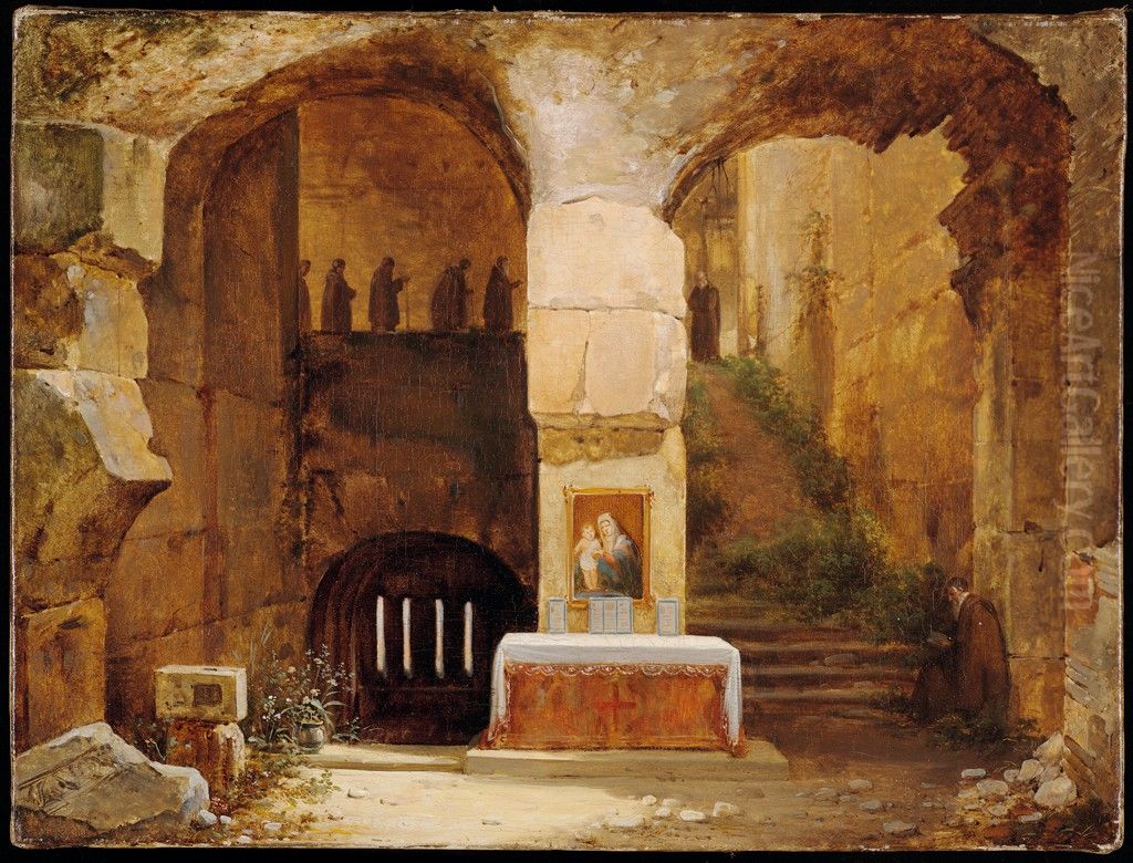 Monks in a Ruined Crypt Oil Painting by Francois Marius Granet