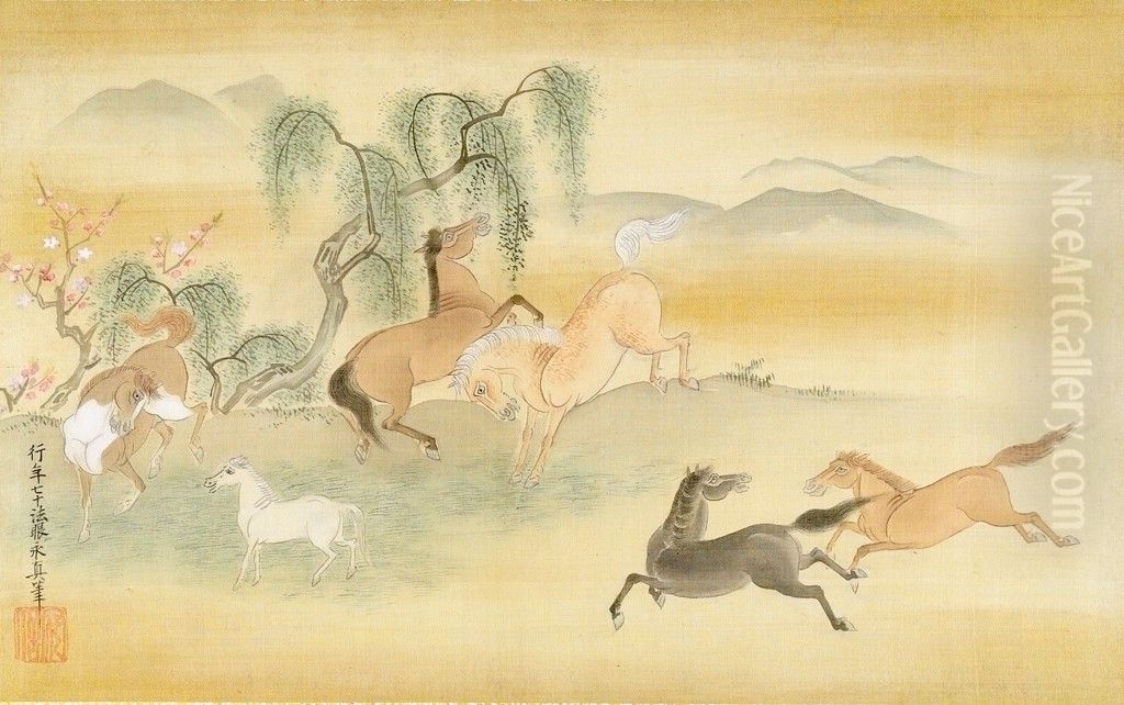 Six Horses in a Field with Peach and Willow Trees Oil Painting by Kano Yasunobu