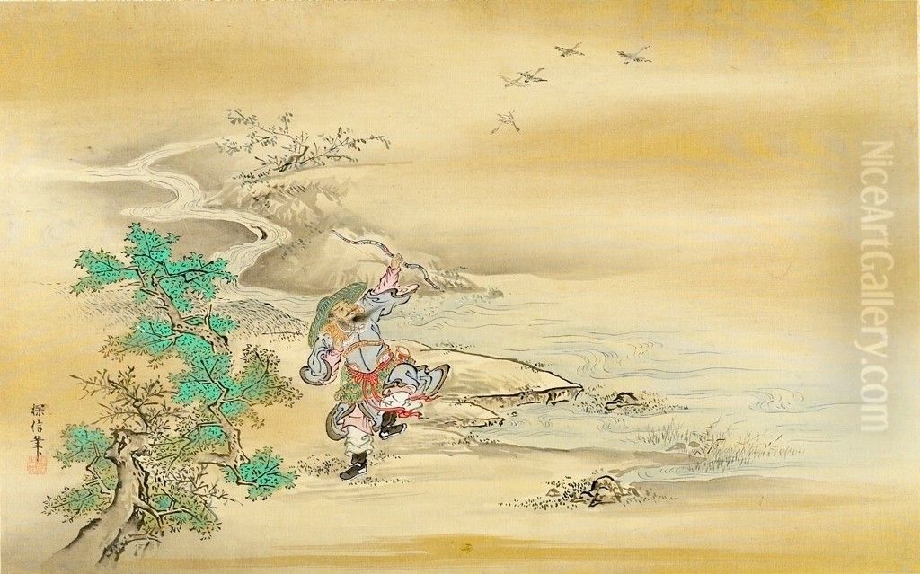 Tartar Archer Shooting Ducks Oil Painting by Kano Tanshin