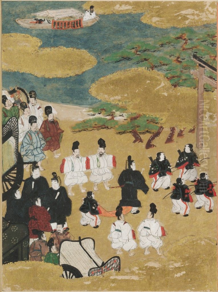 The Pilgrimage to Sumiyoshi (Miotsukushi), Illustration to Chapter 14 of the Tale of Genji (Genji monogatari) Oil Painting by Tosa Mitsunobu
