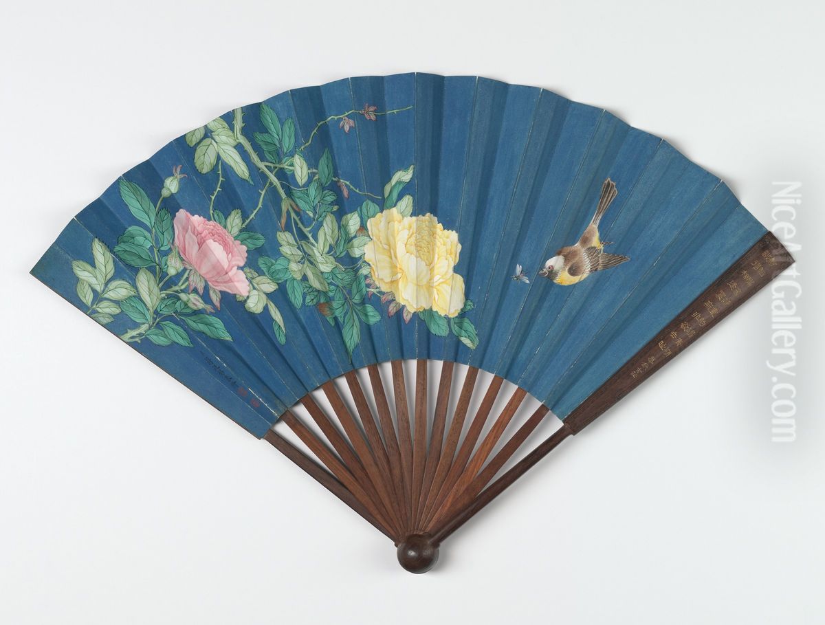 Small Bird Pursuing an Insect Amidst Roses Oil Painting by Jiang Tingxi