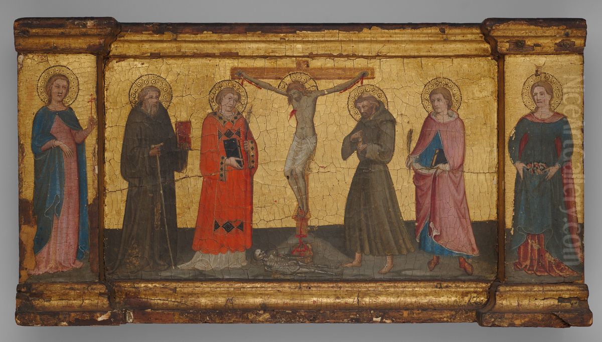 Christ on the Cross with Saints Margaret (?) Anthony Abbot, an unidentified deacon saint, Francis, Minias, and Dorothea Oil Painting by Lippo D'Andrea