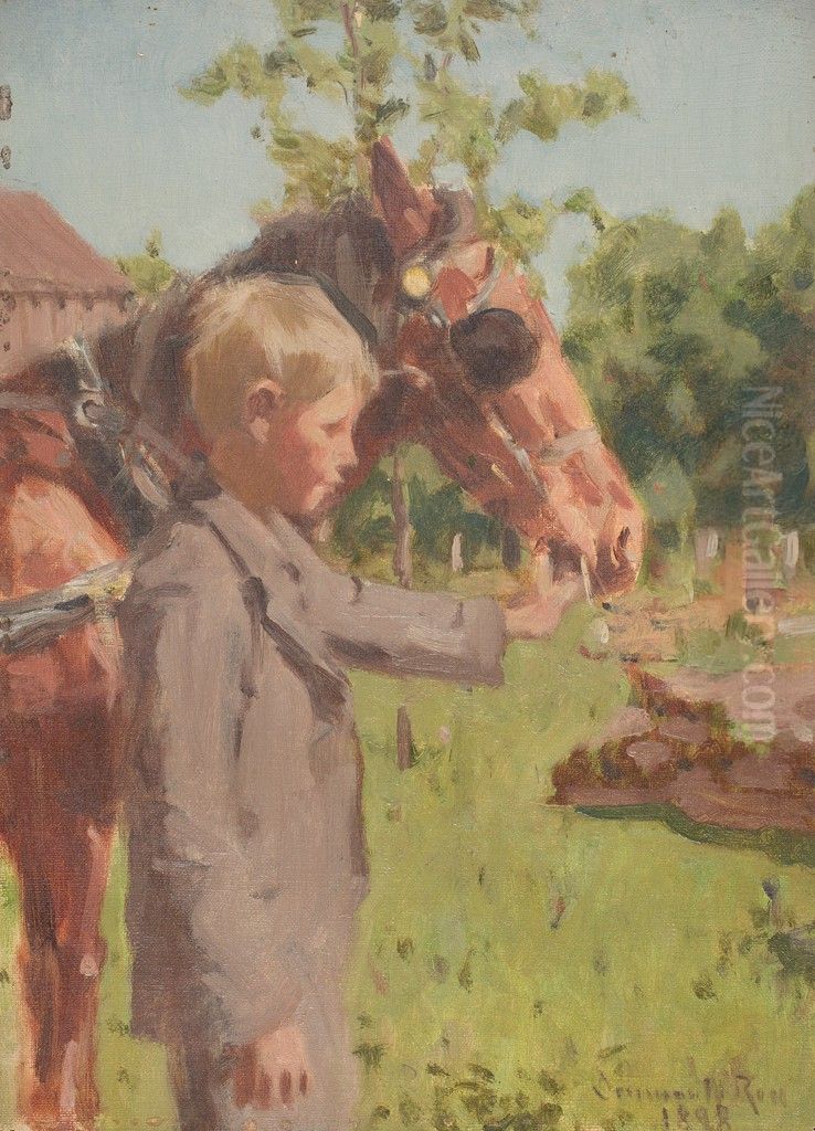 Profile Portrait of a Boy with a Horse Oil Painting by Denman Ross