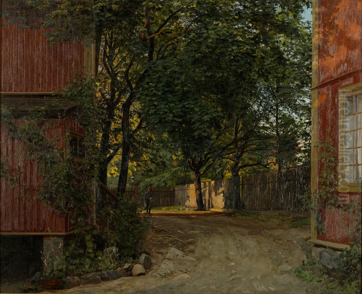 Aftenavisen kommer, Majorstuveien 8 Oil Painting by Amaldus Nielsen