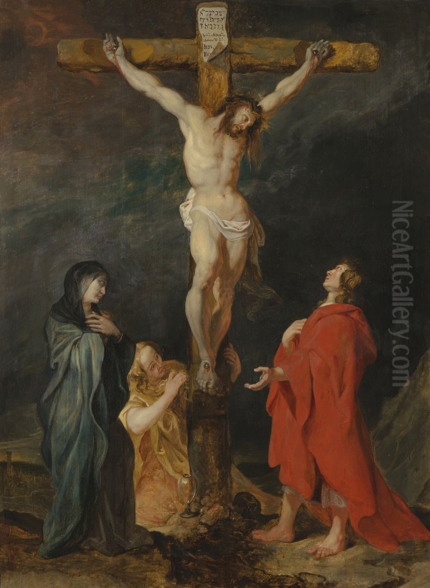 Christ on the cross with Mary, Mary Magdalene and John the Evangelist Oil Painting by (studio of) Rubens, Peter Paul