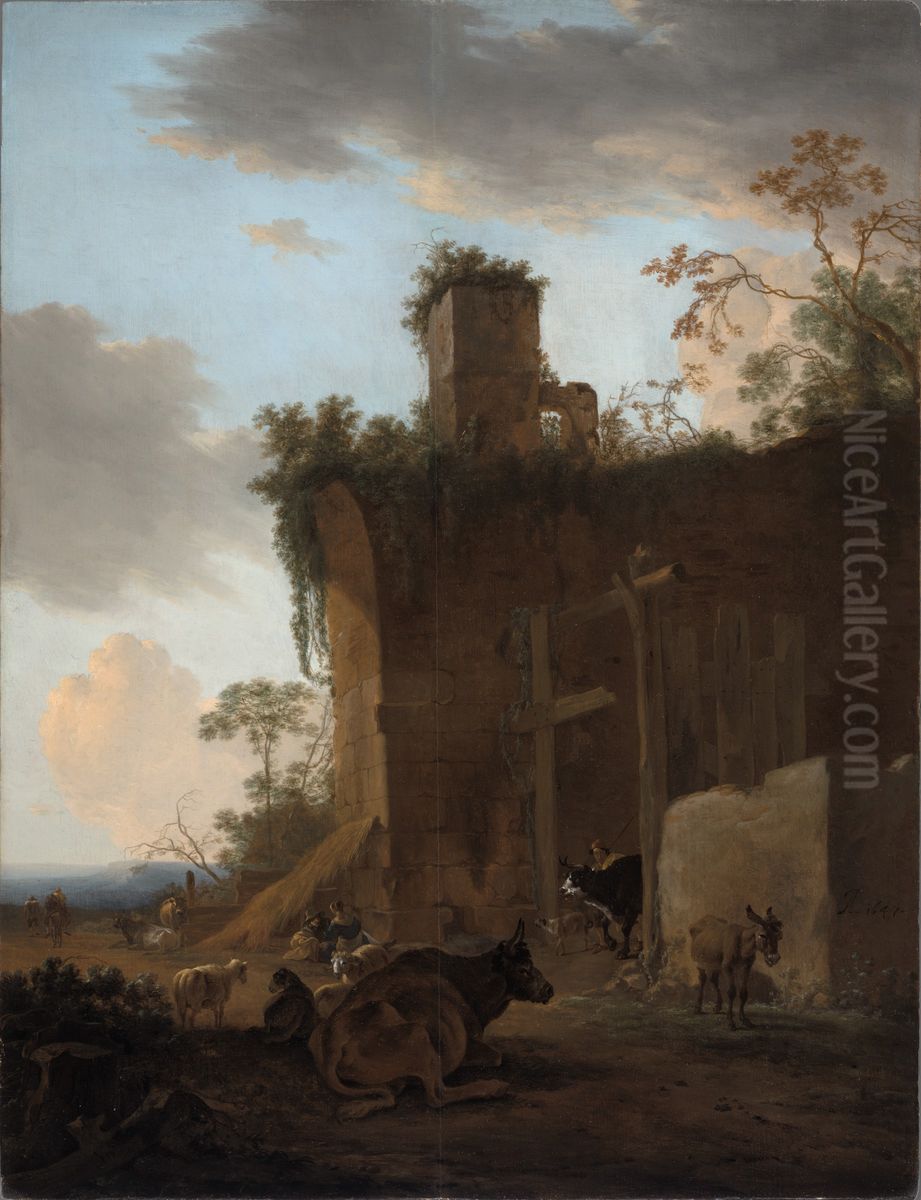 Italianate Landscape with Drovers, Cattle and Sheep beside Ruins Oil Painting by Jan Asselijn