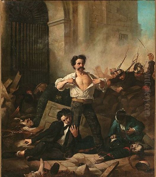 The Uprising at the San Gil Artillery Barracks in Madrid Oil Painting by Jose Nin Y Tudo