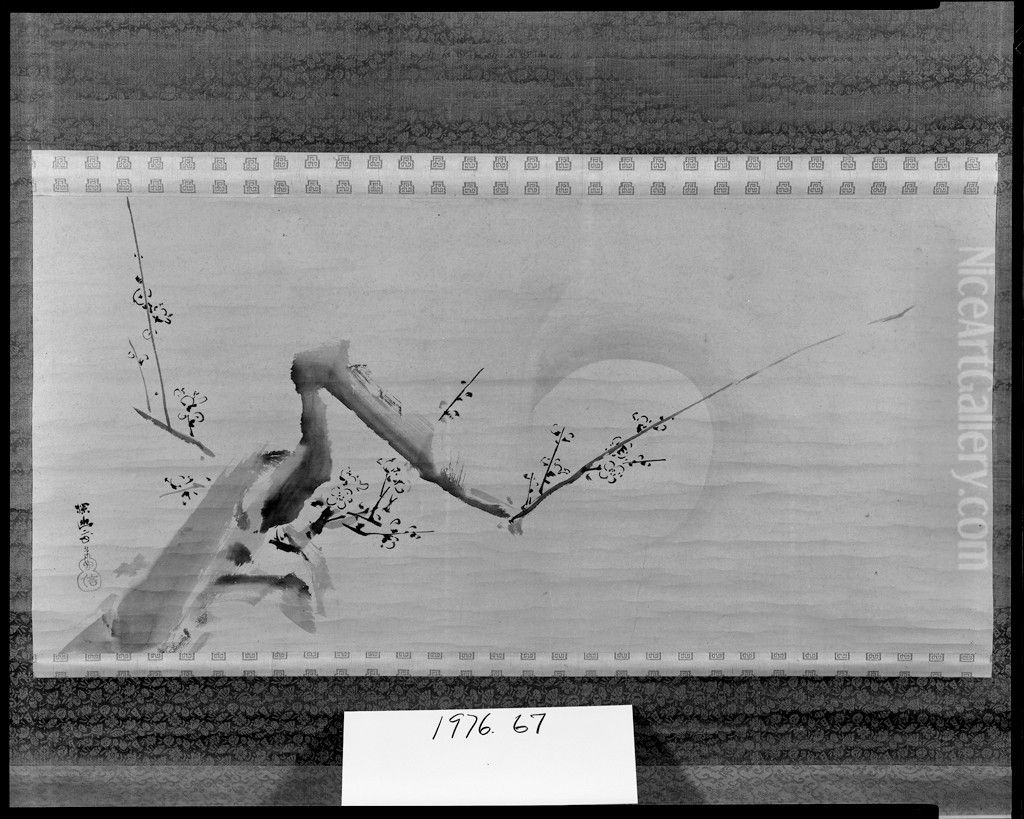 Blossoming Plum Branch and Moon Oil Painting by Kano Tan'yu