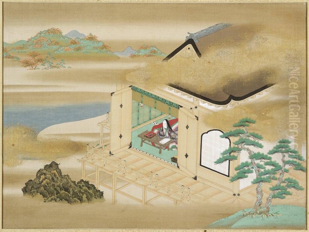 Landscape with Murasaki Shikibu writing at Ishiyamadera (Frontispiece to an album containing 54 illustrations and calligraphic excerpts from the Tale of Genji) Oil Painting by Mitsuoki, Tosa
