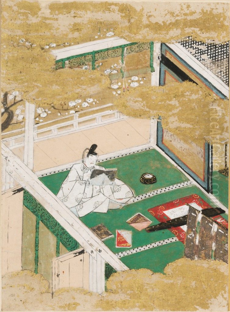 The Warbler's First Song (Hatsune), Illustration to Chapter 23 of the Tale of Genji (Genji monogatari) Oil Painting by Tosa Mitsunobu