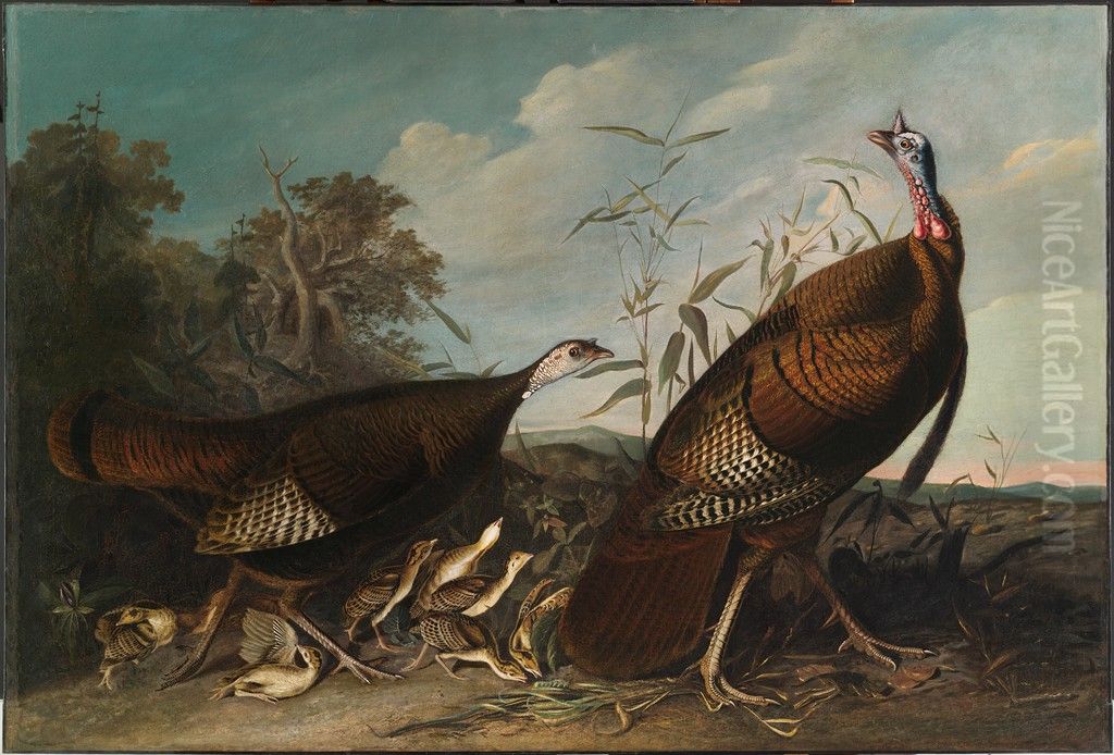 Wild Turkey Cock, Hen, and Chicks Oil Painting by John James Audubon
