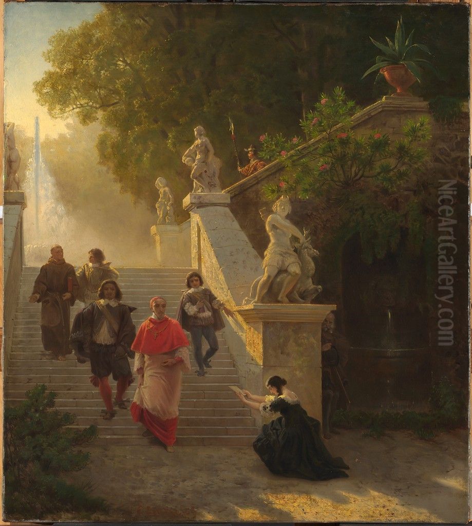 A Cardinal and his Entourage in a Park Oil Painting by Emanuel Leutze