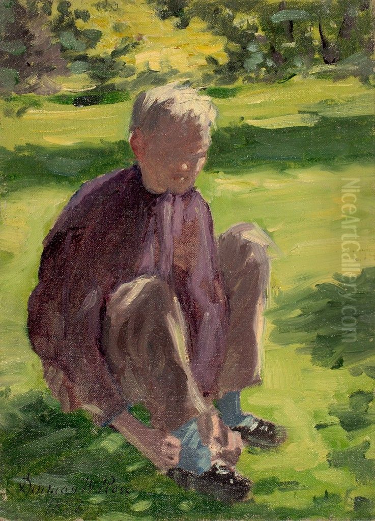 Portrait of a Boy Seated on Grass Oil Painting by Denman Ross