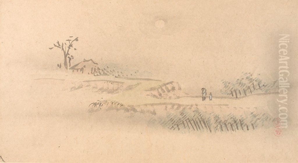 One of Six Views of Atsugi Oil Painting by Watanabe Kazan