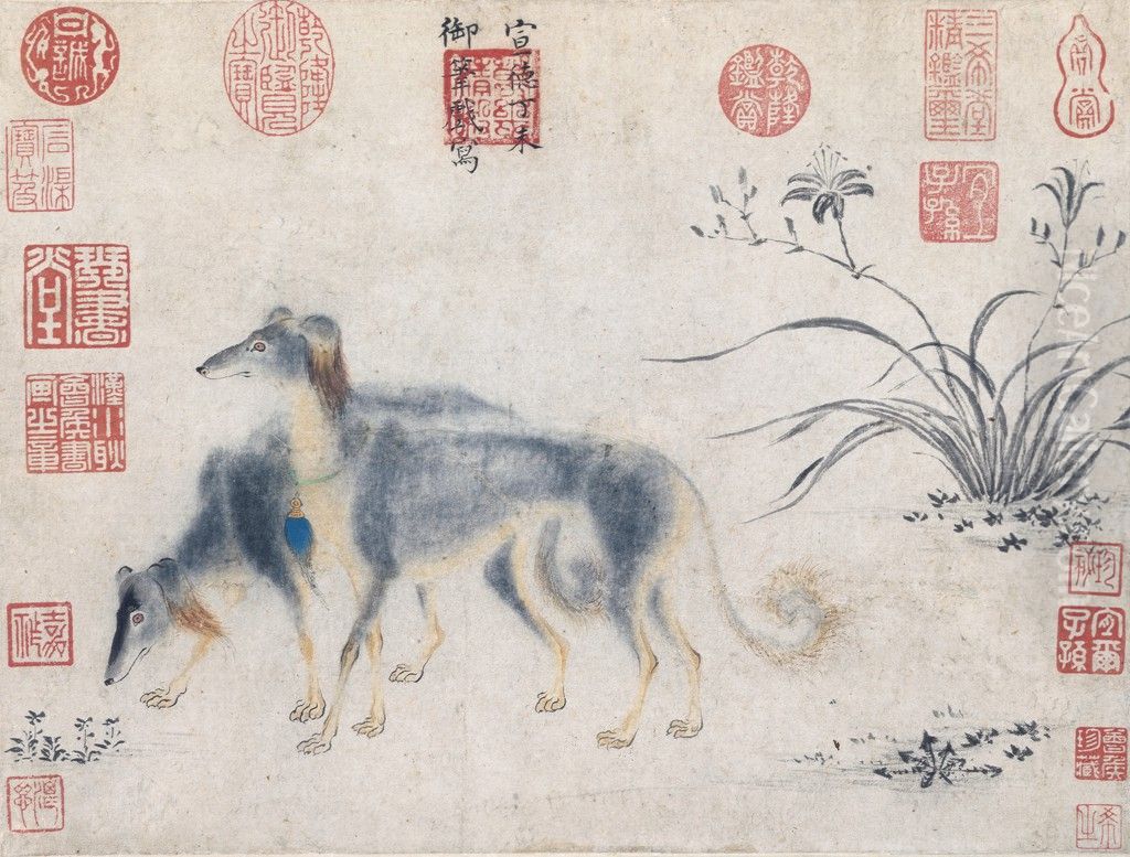 Two Saluki Hounds Oil Painting by Xuande Emperor