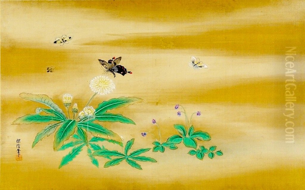 Three Butterflies and a Bee Amid Wild Daisies and Violets Oil Painting by Kano Tanshin