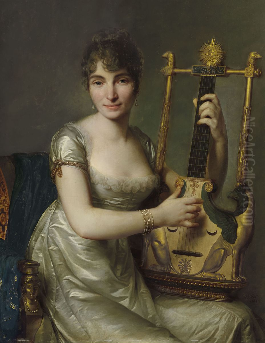Portrait of Madame Larmoyer, three-quarter lenght, with a lyre-guitar Oil Painting by Antoine Vestier