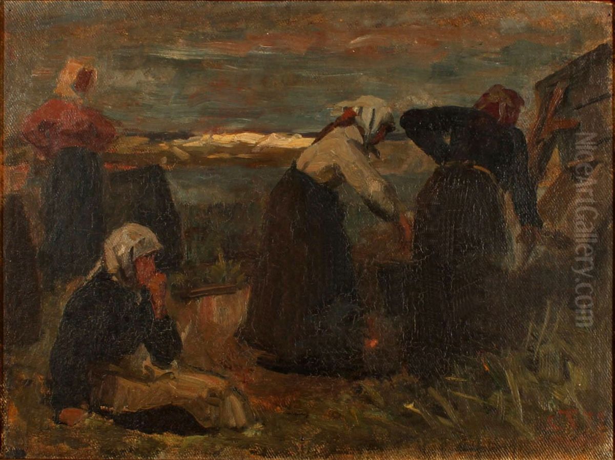 Trankogersker pa stranden i bygevejr, Nymindegab Oil Painting by Laurits Tuxen