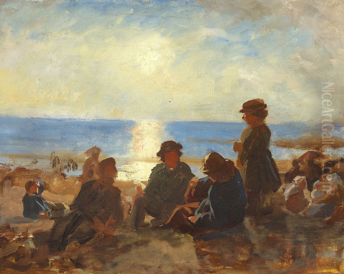 Fiskere pa stranden. Bretagne. Oil Painting by Laurits Tuxen