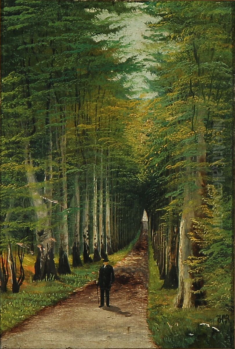 Spadserende herre i en skov Oil Painting by Holga Reinhard