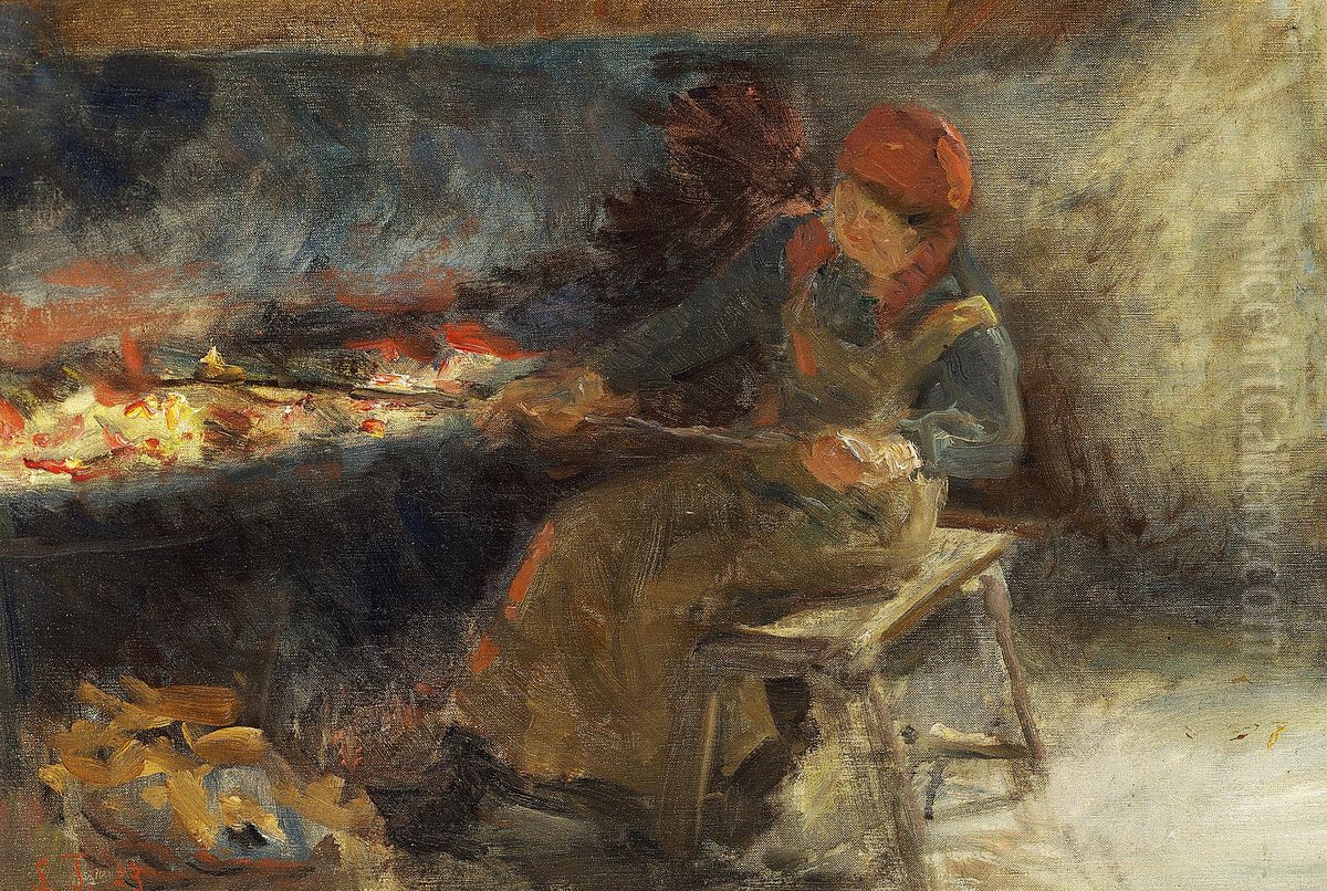 Kone ved ildstedet. Oil Painting by Laurits Tuxen