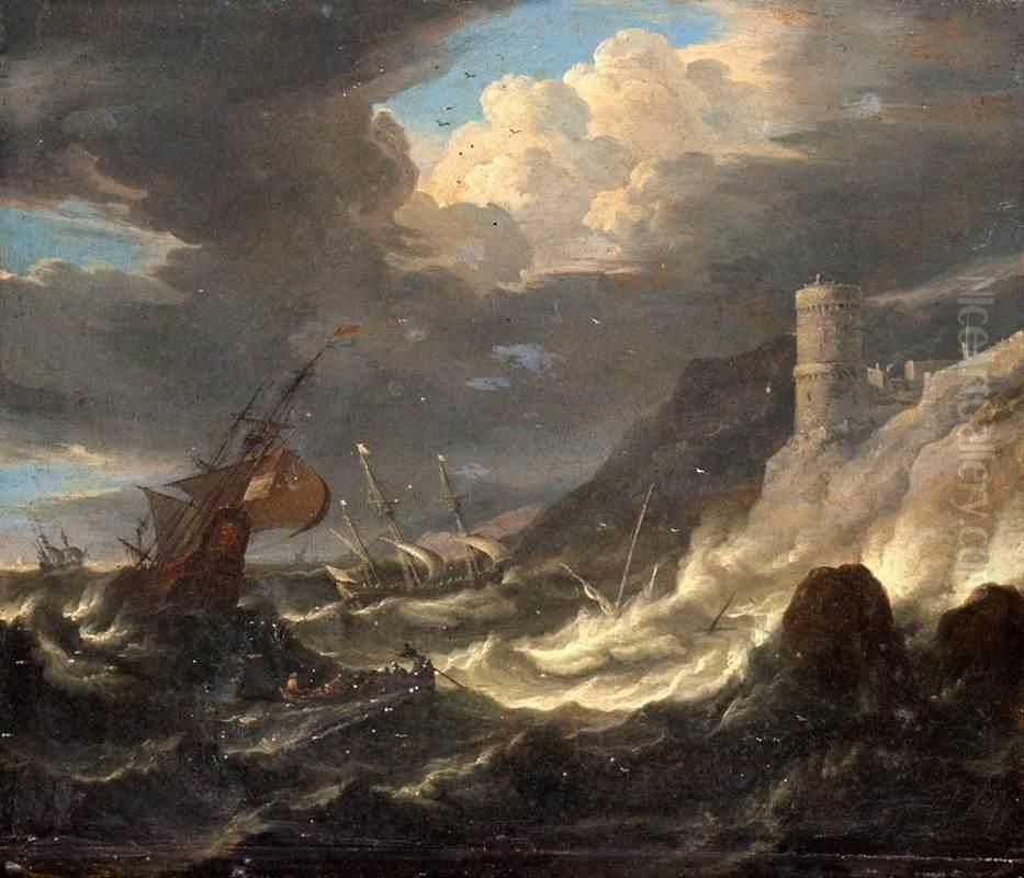 Shipping off a Rocky Coast in Storm Oil Painting by Pieter Mulier