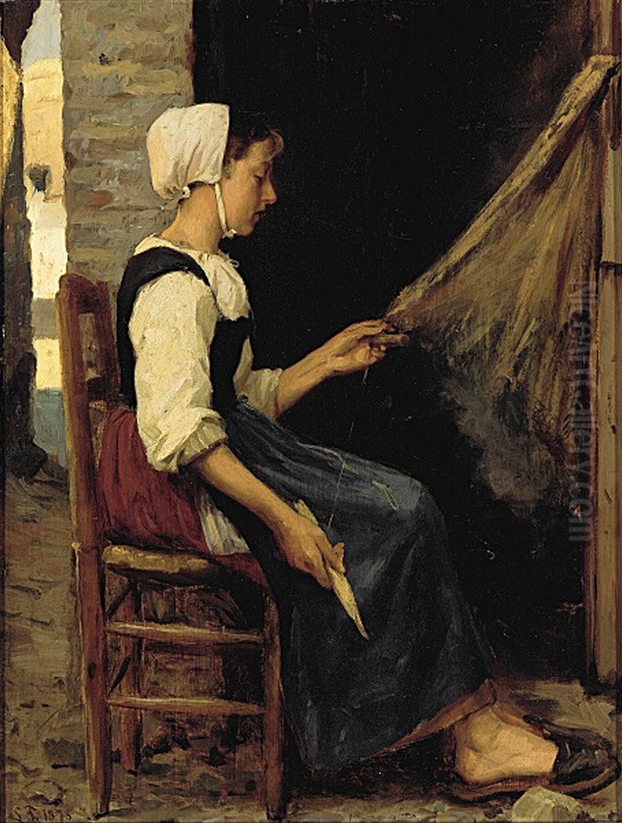 Fiskerpige saetter garn. Oil Painting by Laurits Tuxen