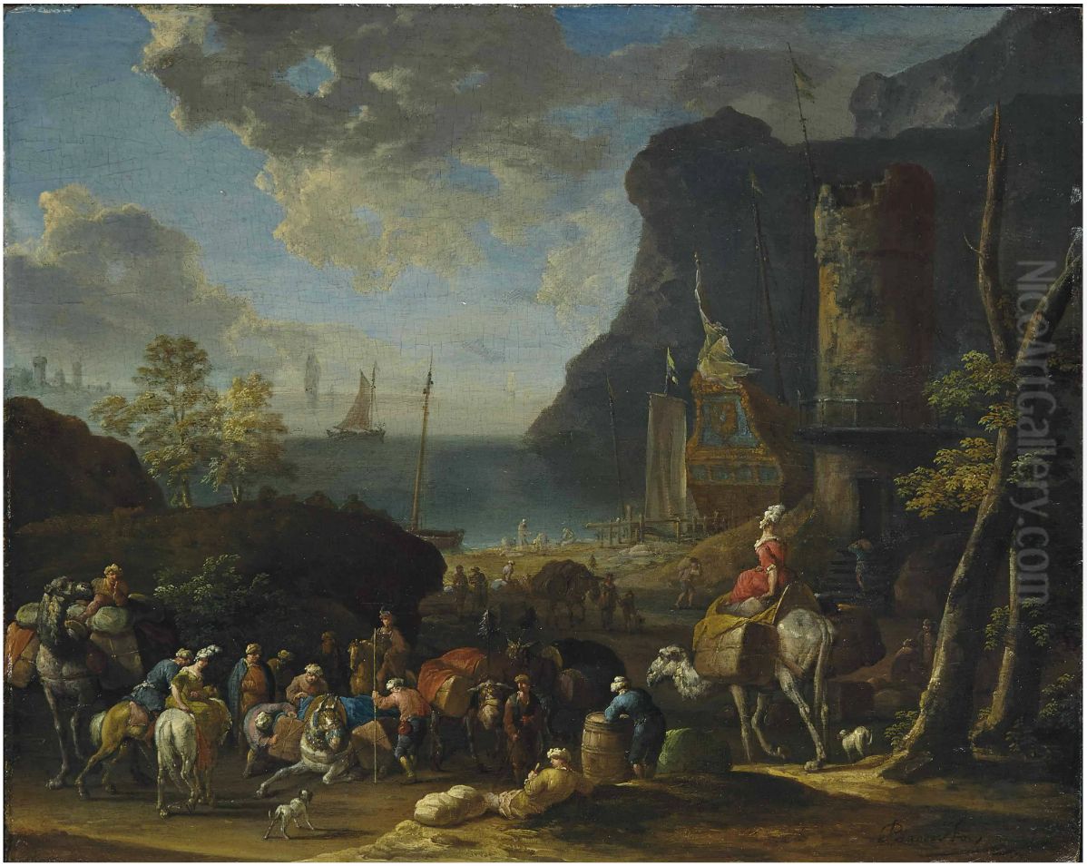 A Mediterranean harbour scene with Turkish merchants loading a caravan in the foreground Oil Painting by Jan Baptist van der Meiren